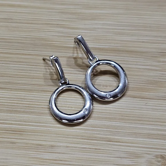 Vintage 925 Silver Circle Drop Earrings with Diamonds - Picture 6 of 12